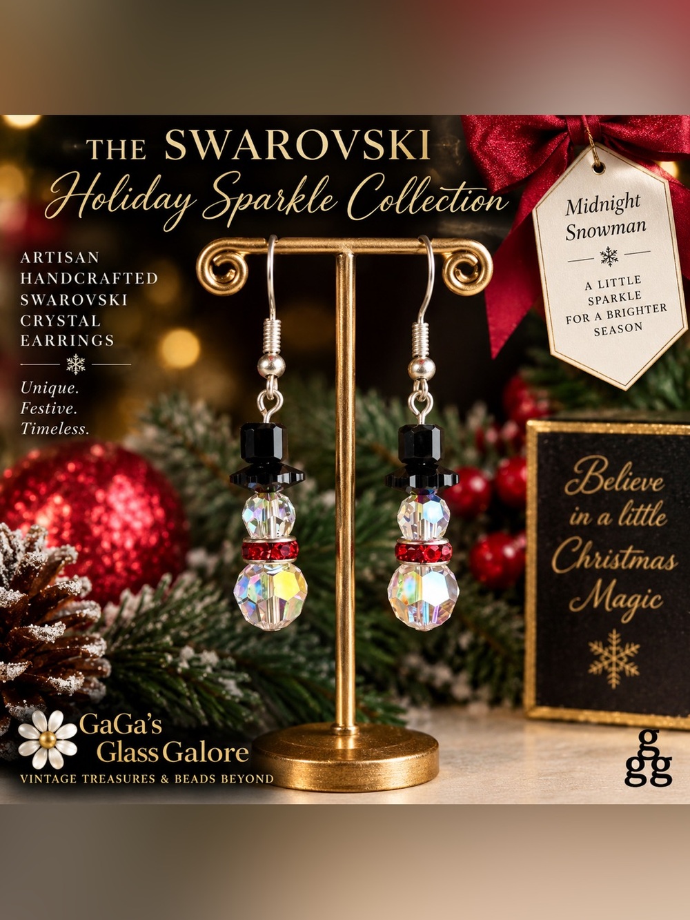 Swarovski Crystal “Midnight Snowman” Christmas Earrings,Artisan Handmade Holiday